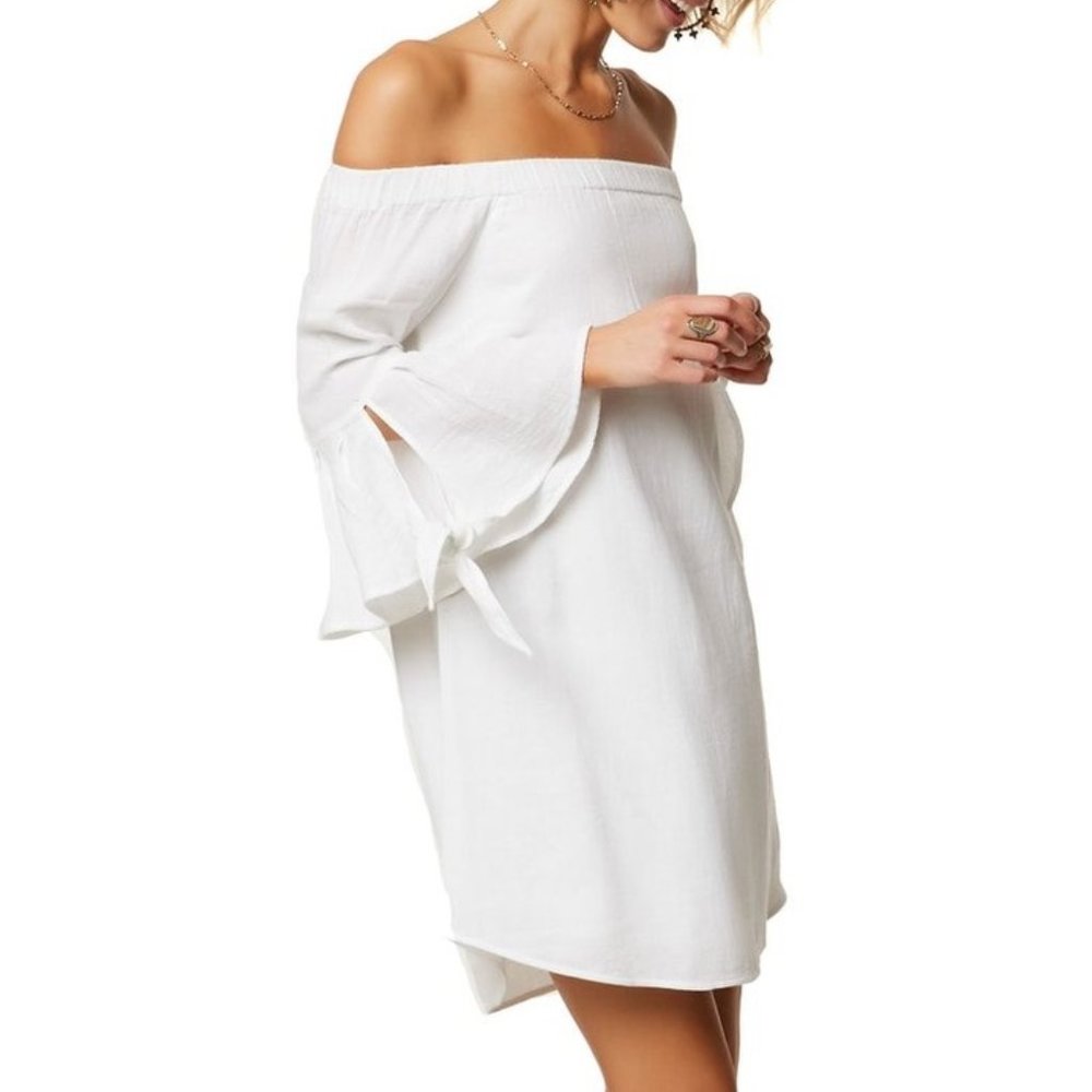 O'Neill Clady Dress White off the shoulder tunic length Summer, Large